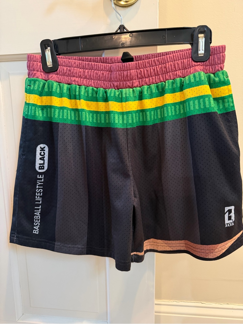 BASEBALL LIFESTYLE Black Pencil Mesh Shorts with Colorful Waistband, YXL